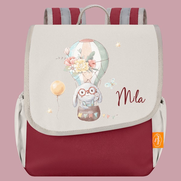 Kindergarten backpack Happy Knirps NEXT in eggplant beige with name and motif of bunny in a hot air balloon