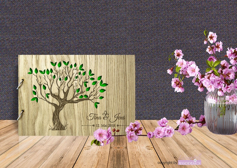 Personalized wooden wedding guest book with tree image 1