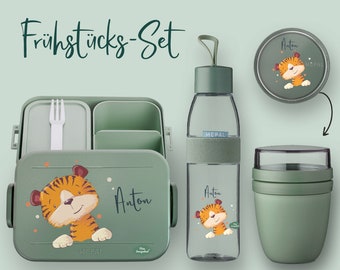 Bento lunch box Take A Break + Ellipse drinking bottle (for carbonated drinks) + cereal cup in Nordic Sage with tiger with dots