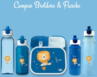 Brotdose Campus Bento Box und Trinkflasche in blau mit Name und Motiv Löwe mit Punkten