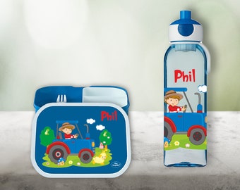 Lunch box Campus Bento Box and water bottle in blue with name and tractor farm motif