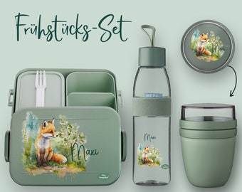 Bento Brotdose Take A Break + Trinkflasche Ellipse (für kohlensäurehaltige Getränke) + Müslibecher in Nordic Sage mit Fuchs Baby