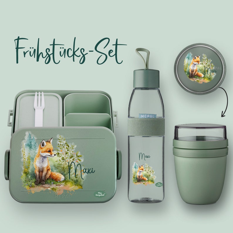 Bento Brotdose Take A Break Trinkflasche Ellipse für kohlensäurehaltige Getränke Müslibecher in Nordic Sage mit Fuchs Baby Bild 1