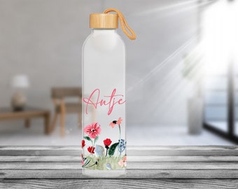 Personalisierte Trinkflasche aus Glas mit Bambusdeckel 1L Blumenwiese