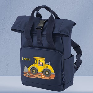 Children's backpack roll-top recycled navy dusk with name and motif excavator construction site