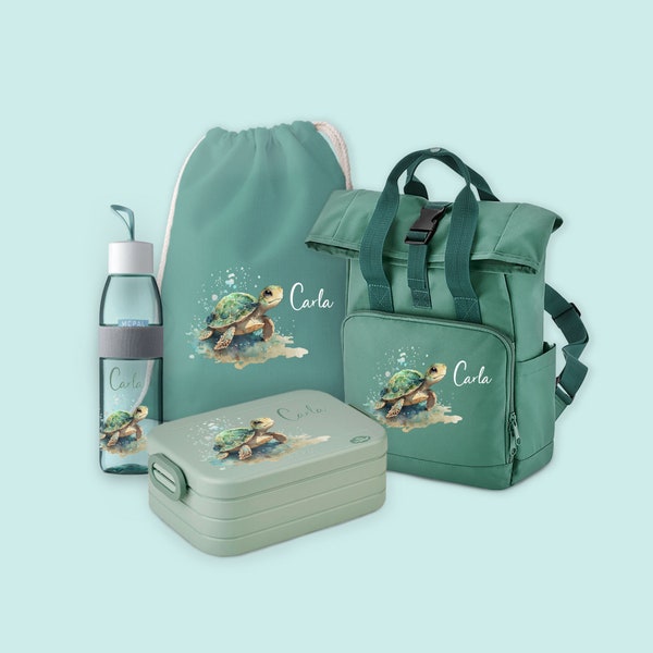 Set backpack roll-top with bento lunch box, jute bag & drinking bottle Ellipse in Sage Green with name and turtle watercolor motif