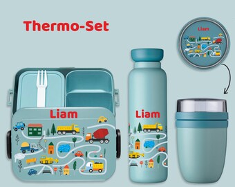 BENTO BOX Brotdose Take A Break + Thermoflasche Ellipse + Thermo-Lunchpot in Nordic Green mit Name Baufahrzeuge