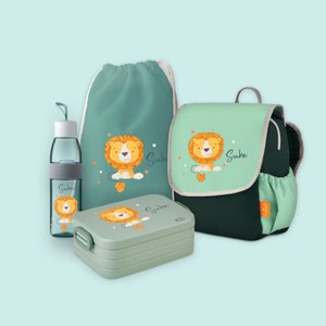 Set backpack Happy Knirps with bento lunch box, jute bag & drinking bottle Ellipse in Sage Green with name and motif lion with dots