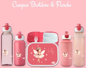 Brotdose Campus Bento Box und Trinkflasche in rose mit Name und Motiv Blumenfee