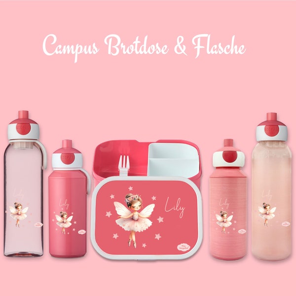 Brotdose Campus Bento Box und Trinkflasche in rose mit Name und Motiv Blumenfee