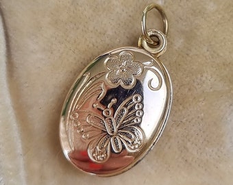 Vintage 9ct Yellow Gold Locket Pendant - butterfly and flower pattern