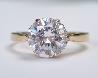 Vintage 14ct Gold 2ct Cubic Zirconia Solitaire Ring - size M, size 6 1/4