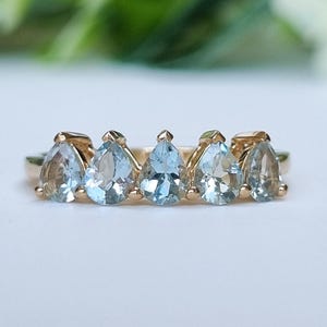 9ct Gold Aquamarine Ring – 5 Stone Pear Cut – Dainty Blue Gem Statement