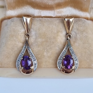 Vintage 9ct Yellow Gold Amethyst and Diamond Dangly Earrings