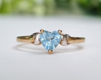 Vintage Heart Cut Blue Topaz Solitaire Ring in 9ct Yellow Gold