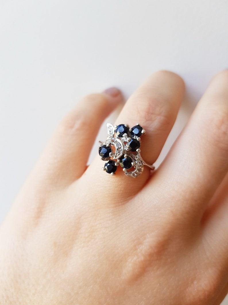 sapphire and topaz vintage cluster ring sapphire promise ring Vintage Sapphire and Topaz Cluster Ring size 6.5 statement ring