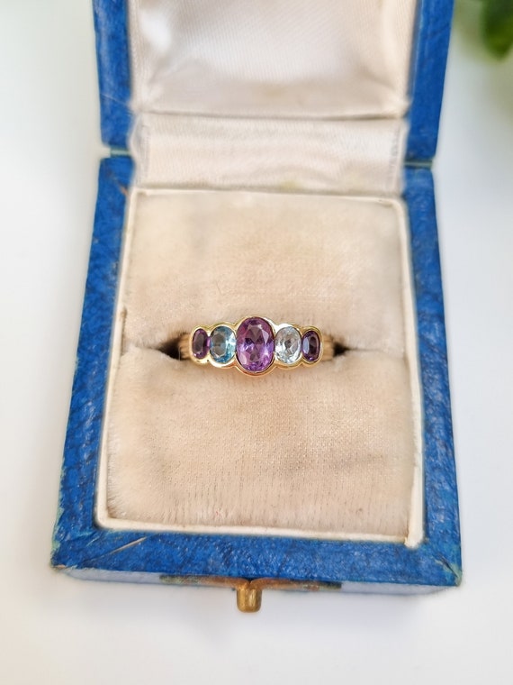 Vintage 9ct Yellow Gold Amethyst and Blue Topaz Ri