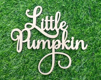 May include: Wooden sign with the words "Little Pumpkin" in a cursive font, set against a green grass background.