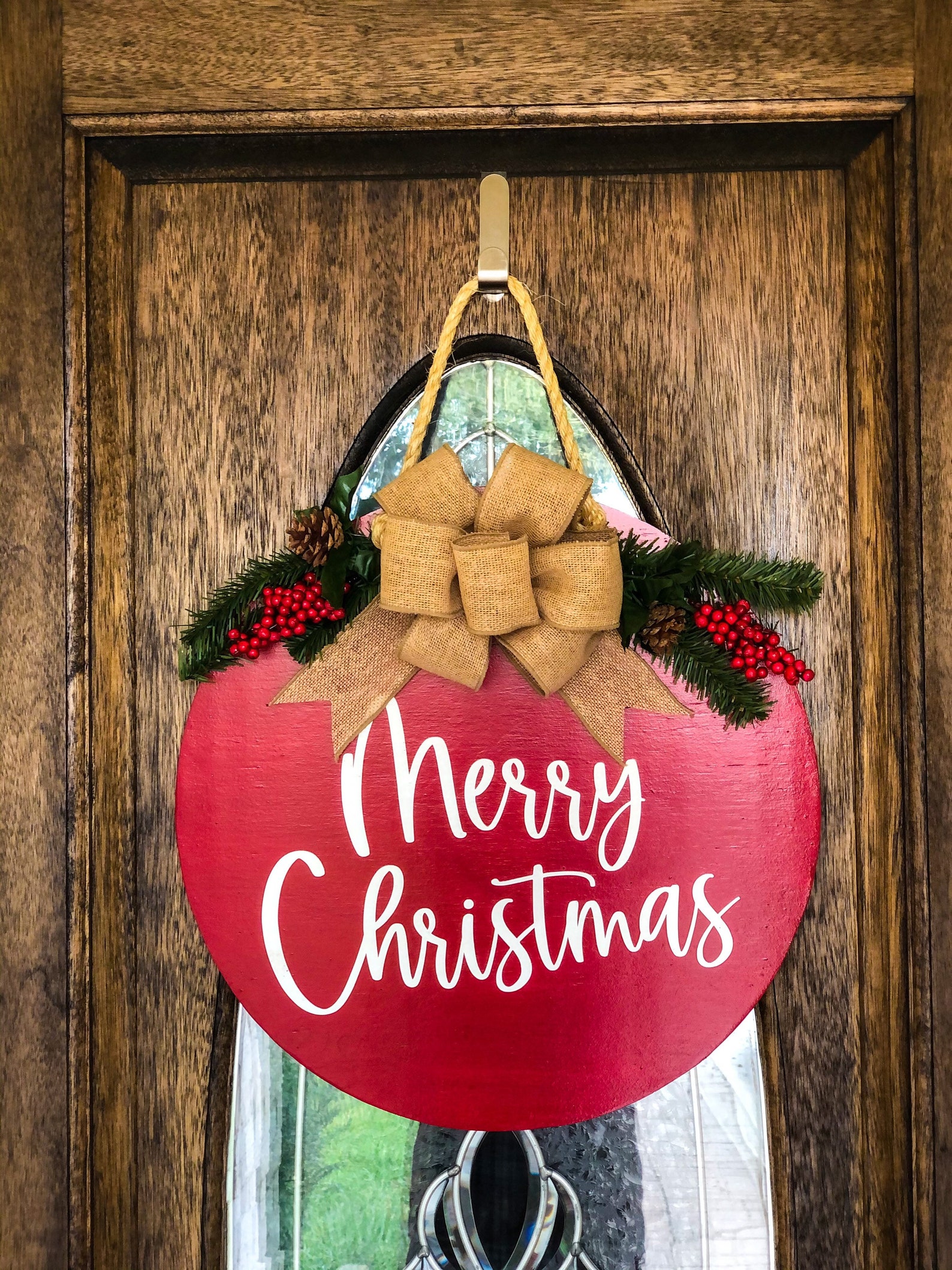 Merry Christmas Round Door Hanger Winter Circle Wood Sign Etsy