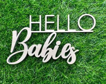May include: Wooden sign with the words "Hello Babies" in a cursive font. The sign is on a green grass background.