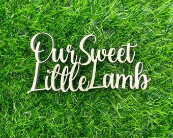 May include: Wooden sign with the text "Our Sweet Little Lamb" in a cursive font. The sign is on a green grass background.