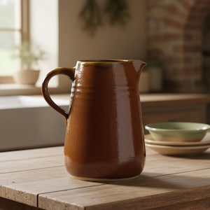 Op de afbeelding: Een glanzende, donkerbruine keramische kan met een rond lichaam, een gebogen handvat aan de zijkant en een kleine schenktuit aan de bovenrand. Het oppervlak van de kan heeft een gladde, reflecterende afwerking met subtiele kleurvariaties.