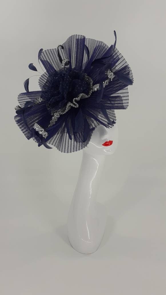 Navy Blue and Silver Fascinator - Etsy display picture 1