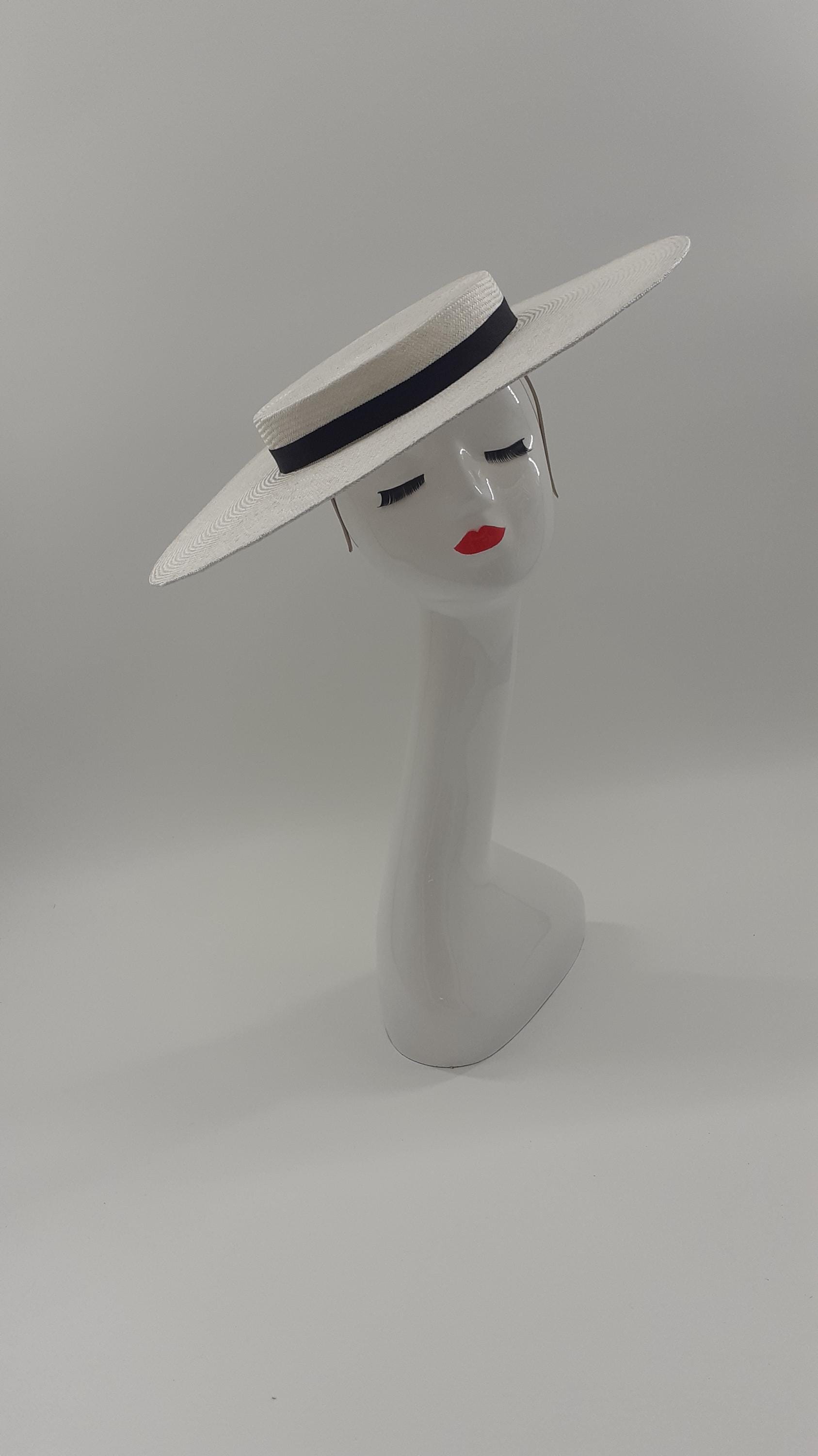 White Straw Boater Hat With Black Trim - Etsy display picture 1