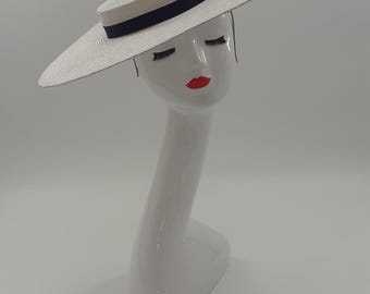 White Straw Boater Hat With Black Trim - Etsy display picture 3