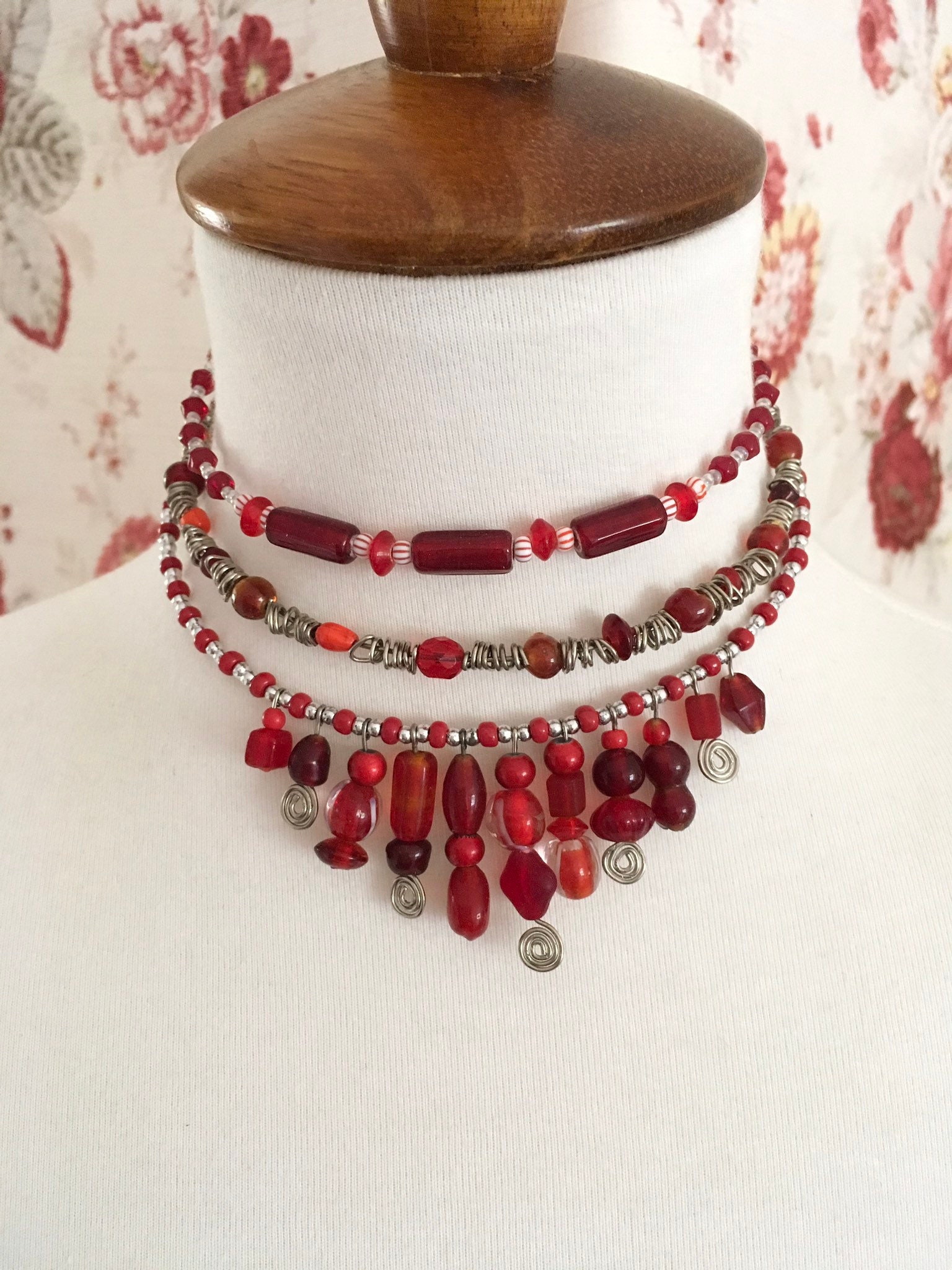 3 Vintage Red Chokers red Beaded Necklaces Boho Necklaces Etsy