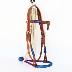 Made To Order Handmade Western Horse Tack Trail Purple & Blue Leather Rawhide Bosal Lead Bridle Headstall