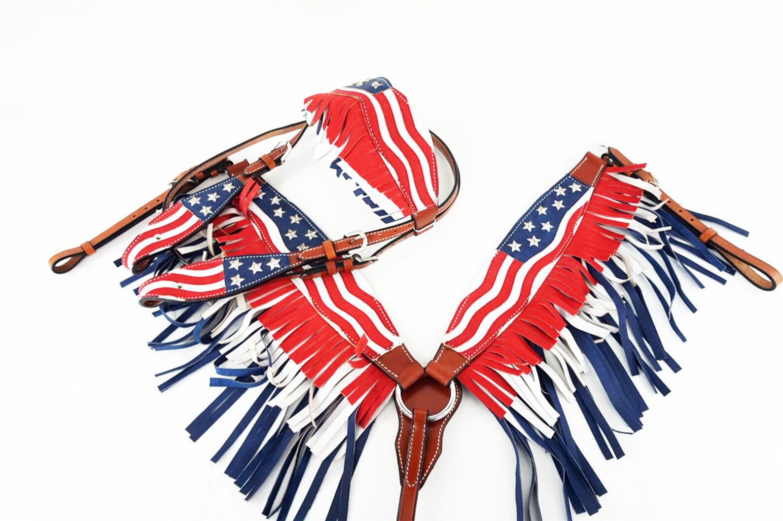 Made to Order USA Western Horse Bridle Set Red White & Blue American