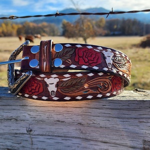 X-small, Small & Medium, Large, XL Womans Tooled Western Style Rose , Steer Buck stitched Cowgirl Belt