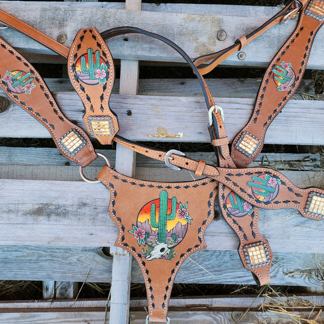 Browband Headstall - Ensemble col de poitrine - Cuir ancien et perles