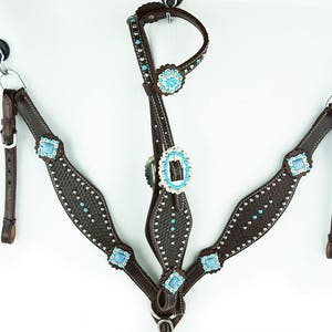 One ear horse Bridle, Made To Order One Ear Western Horse, Trail, Bridle Brown Leather, Turquoise bling, Headstall Breast Collar Plate Set