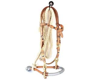 Made To Order Handmade Western Horse Tack Gold & Silver Leather Rawhide Bosal Lead Working Ranch Bridle Headstall