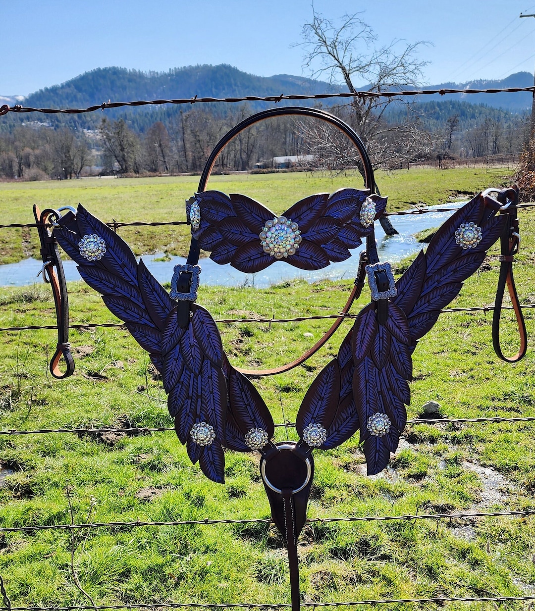 Made to Order Handcrafted Tooled Leather Purple Angel Wings Bridle