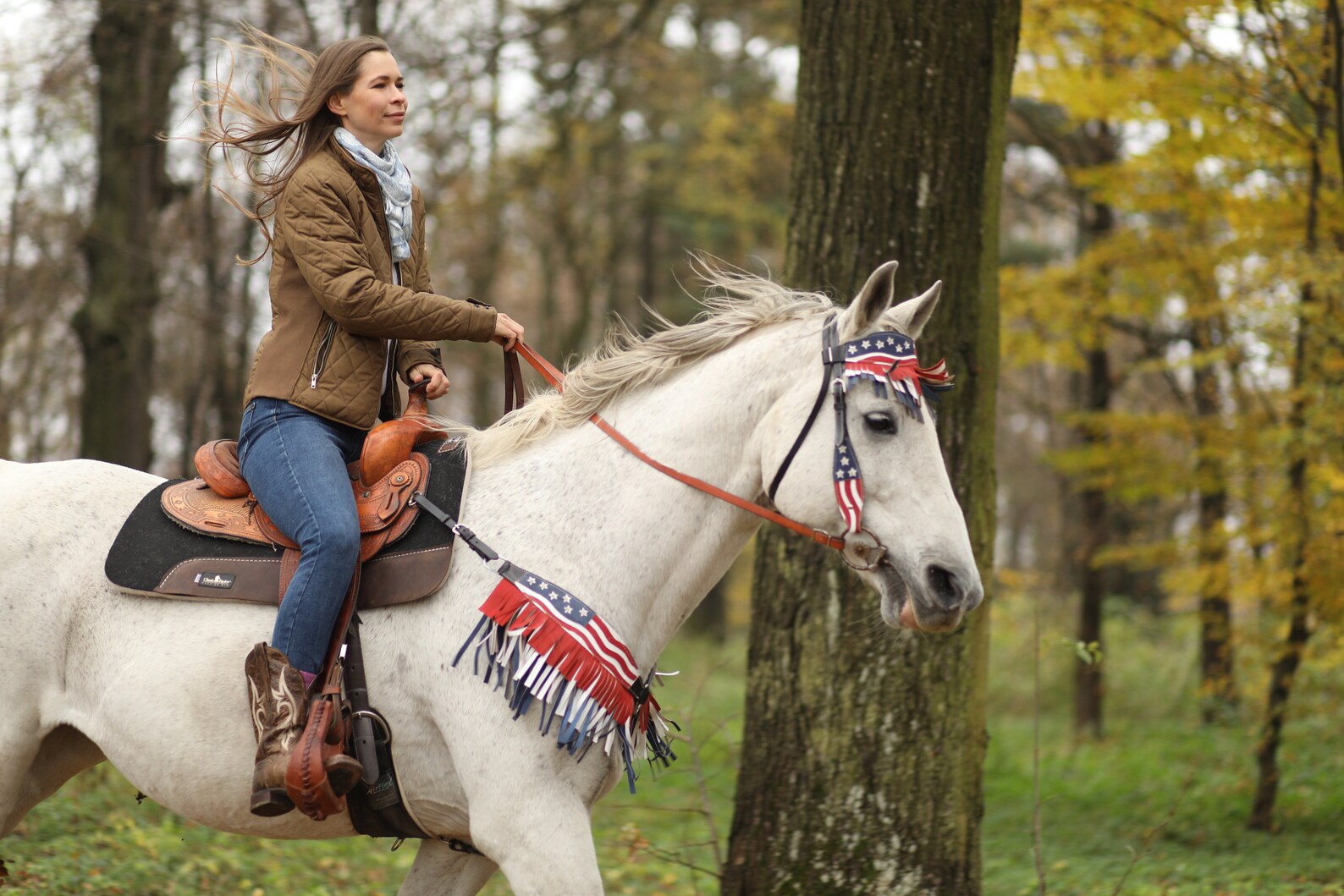 Made to Order USA Western Horse Bridle Set Red White & Blue American