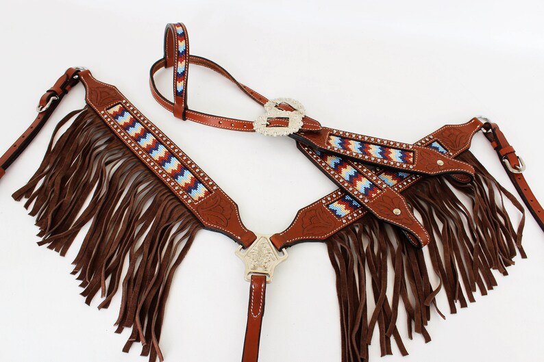 BROWN LEATHER WESTERN BRIDLE HORSE HEADSTALL BREASTCOLLAR SET FRINGE TACK SET 