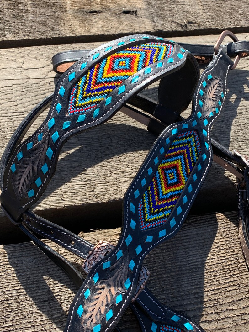 Beaded Horse Bridle set Western Horse Teal stitched Trail Etsy