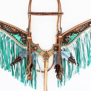 Made To Order Teal Metallic Silver Fringe Leaf Tooled Leather Headstall Western Horse Trail Bridle Breast Collar Plate Tack Set