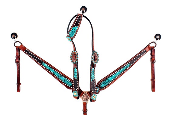 Teal One Ear Western Horse Trail Gator Embossed Leather Headstall Breast Collar Plate Set FQH Size All New Economy line Tack set