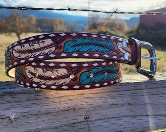 Pre-Order for X-small Small & Medium Large XL Womans Tooled Western Style Turquoise Cream Feather Buck stitched Cowgirl Belt