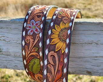 X-small, Small & Medium, Large, XL Womans  Women's Tooled Western Style Sunflower Buck stitched Cowgirl Belt