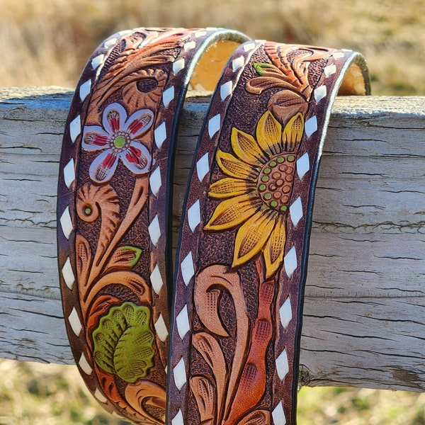 Pre - Order X-small, Small & Medium, Large, XL Womans  Women's Tooled Western Style Sunflower Buck stitched Cowgirl Belt