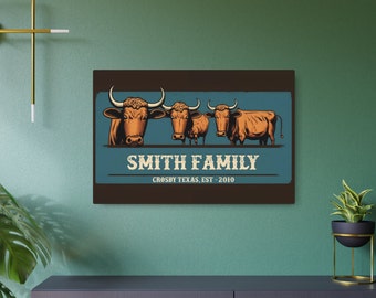 Custom METAL SIGN Farmhouse Wall Decor Cattle Last Name Established Family Sign Rustic Cow Decor Large Living Room Wall Art Print Cow