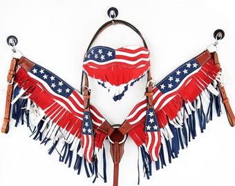 Made To Order USA Western Horse Bridle set Red White & Blue American Flag Barrel Racer Leather Fringe Headstall Trail Bridle Breast Collar