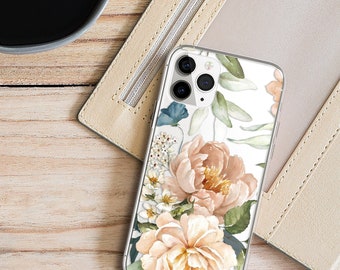 Estampado floral en acuarela, funda para iPhone 15, funda para iPhone 12, funda para iPhone 13, funda transparente, flores, rosa rubor, funda para iPhone 14, funda para iPhone