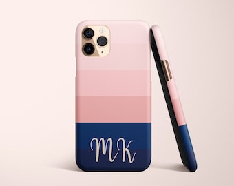 Custodia per iPhone 15 Pro Max a righe rosa e blu, custodia per iPhone 15 con iniziali personalizzate, custodia per iPhone 14 con monogramma a righe, custodia per iPhone 13 Galaxy