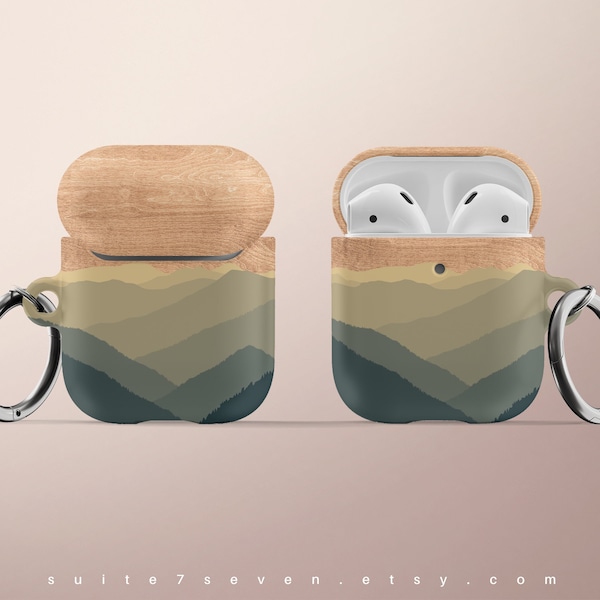 AirPod Case AirPod Pro Case Mountains Wood Style AirPods Case Unique Matte Glossy Keychain Apple Ear Phones Outdoors Hiking AirPod 1st 2nd
